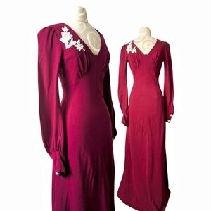 VTG 1970s Jody T of California Burgundy Maxi Dress Bell Sleeve Size XS/S BOHO